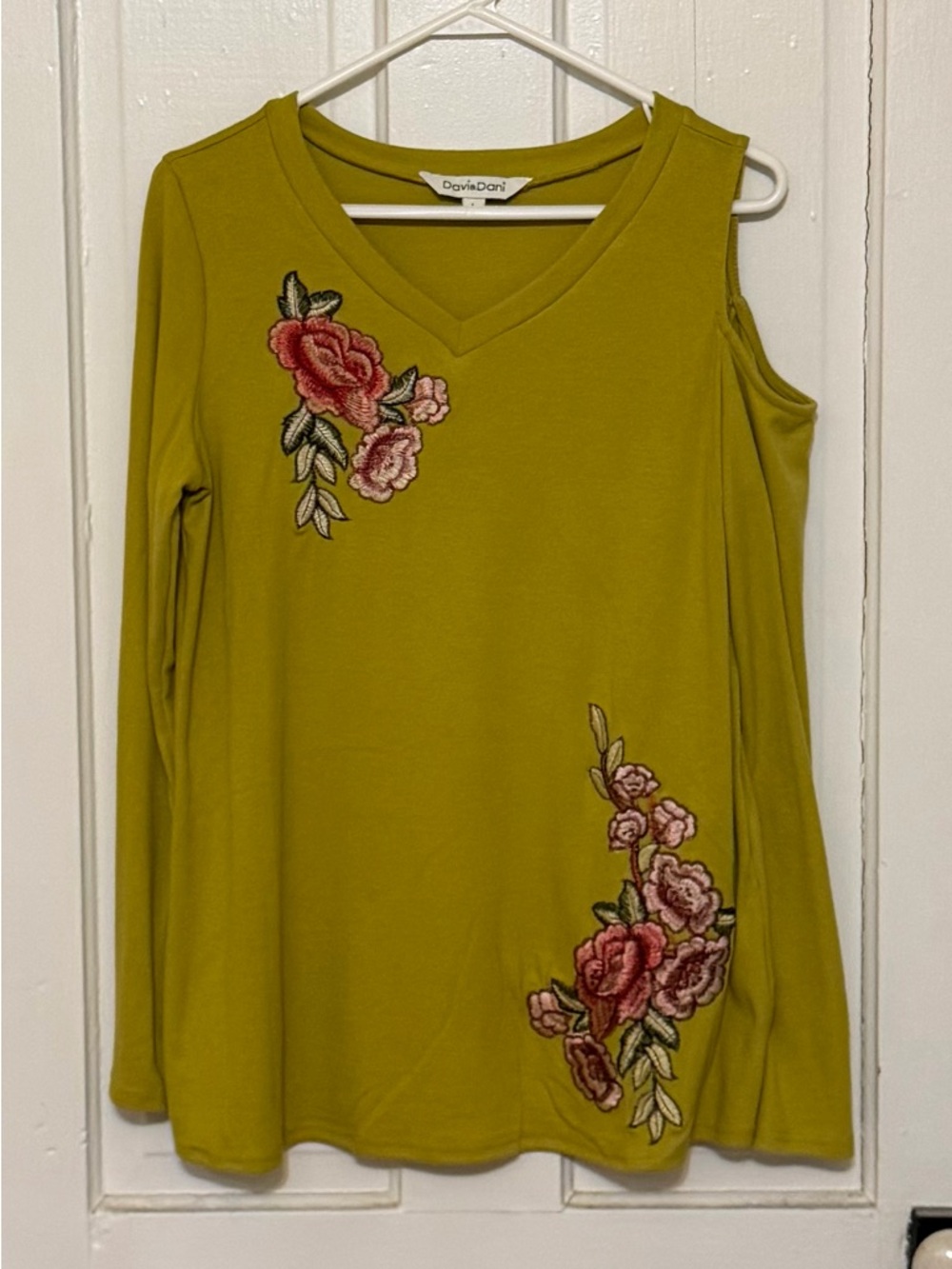 Olive Green Floral Embroidered Cold-Shoulder V-Neck Top